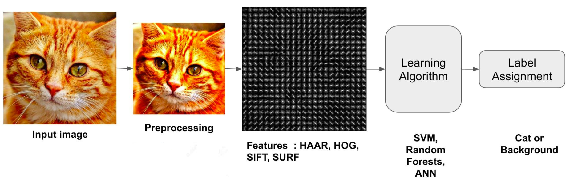 Handcrafted features were used to feed ML algorithms.